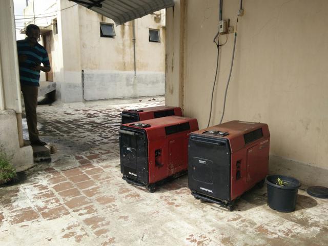 Sporadic electricity supply due to rains has meant dependence on diesel generators in Chennai. The city fire department has been using the generators since there is no electricity. (HT Photo / Sudipto Mondal) Sporadic electricity supply due to rains has meant dependence on diesel generators in Chennai. The city fire department has been using the generators since there is no electricity. (HT Photo / Sudipto Mondal)