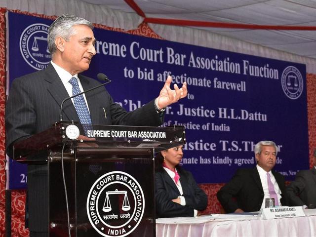 Chief Justice Tirath Singh Thakur speaks at a farewell function for ex-CJI HL Dattu (extreme right) in New Delhi. (PTI) Chief Justice Tirath Singh Thakur speaks at a farewell function for ex-CJI HL Dattu (extreme right) in New Delhi. (PTI)