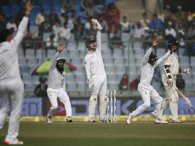 South African fielders appeal for the wicket of India’s Shikhar Dhawan. (AP Photo)