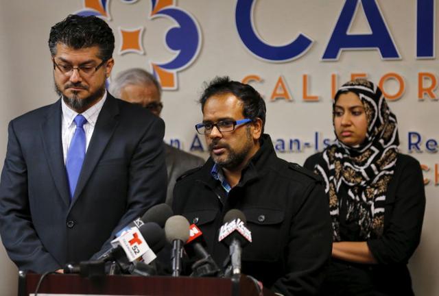 Farhan Khan (C), brother-in-law of San Bernardino shooting suspect Syed Farook, speaks at the Council on American-Islamic Relations during a news conference in Anaheim. (REUTERS)