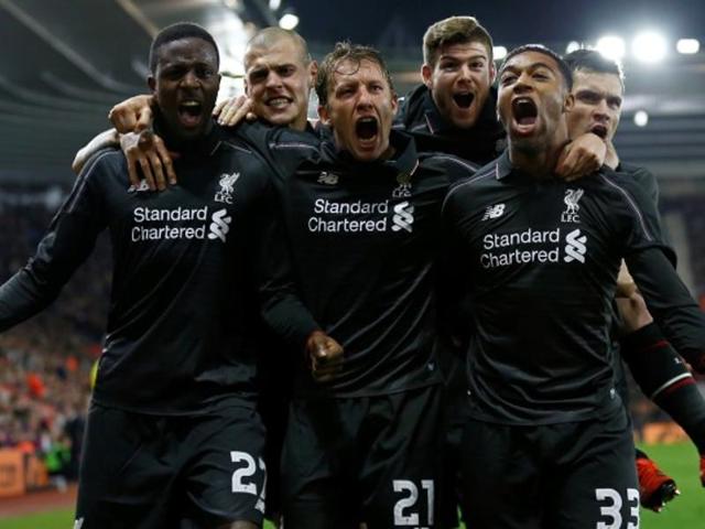 Divock Origi celebrates with team mates after scoring the fourth goal for Liverpool. (Reuters) Divock Origi celebrates with team mates after scoring the fourth goal for Liverpool. (Reuters)