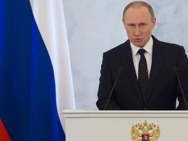 Russian President, Vladimir Putin, gives his annual state of the nation address in the Kremlin in Moscow.(AP Photo)