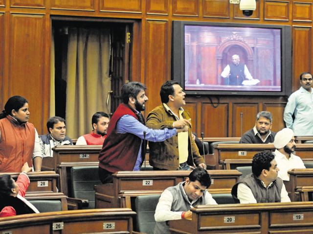 The AAP MLAs termed the decision of a salary hike to be path-breaking in the country’s political history, during the Assembly session on Thursday. (Sonu Mehta/ HT Photo) The AAP MLAs termed the decision of a salary hike to be path-breaking in the country’s political history, during the Assembly session on Thursday. (Sonu Mehta/ HT Photo)