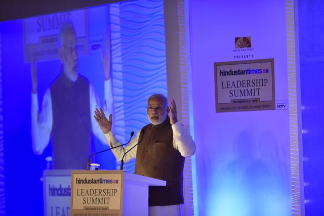 PM Modi addresses the 13th HT Leadership Summit.(Dinesh Krishnan/HT Photo)