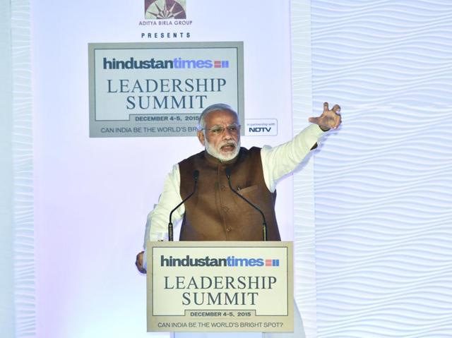 Prime Minister Narendra Modi delivers the opening address at the Hindustan Times Leadership Summit in New Delhi. (Gurinder Osan/HT Photo)