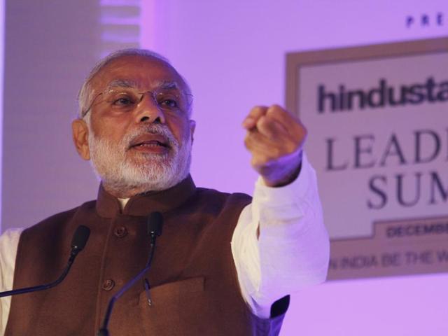 Prime Minister Narendra Modi delivers the opening address at the Hindustan Times Leadership Summit in New Delhi. (Virendra Singh Gosain/HT Photo)