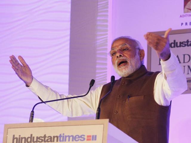 Prime Minister Narendra Modi speaks at the Hindustan Times Leadership Summit.(Virendra Singh Gosain/Hindustan Times)