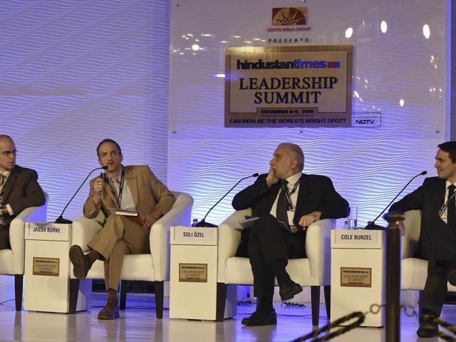 From left: Dr Joas Wagemakers (Utrecht University, department of philosophy and religious studies), Cole Bunzel (department of near eastern studies, Princeton University) and Soli Ozel, professor of international relations, Kadir Has University in a discussion with Jason Burke. (Ravi choudhary/HT Photo)