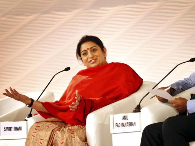 Union minister of human resource development, Smriti Irani in a discussion with Anil Padmanabhan, deputy managing Editor, Mint during the Hindustan Times Leadership Summit.(Ajay Aggarwal/HT Photo)