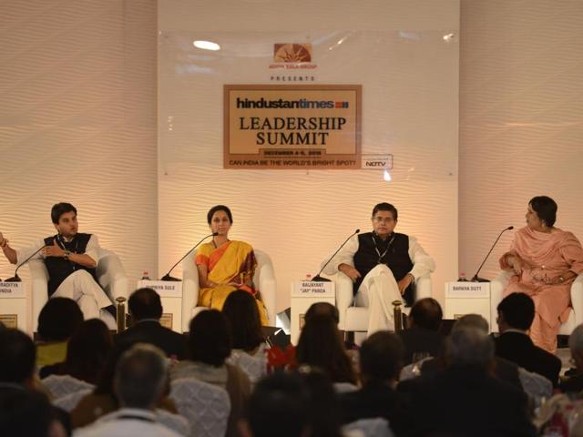 Congress MP Jyotiraditya Scindia, NCP MP Supriya Sule and BJD MP Baijayant "Jay" Panda in a discussion with NDTV consulting editor Barkha Dutt during a session at Hindustan Times Leadership Summit. (Gurinder Osan/HT Photo)