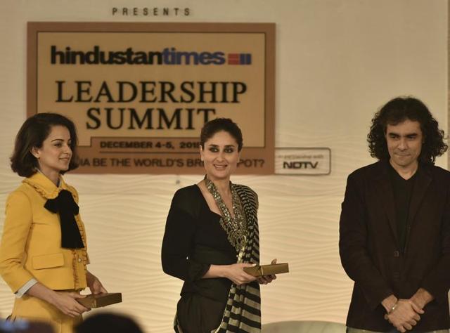 Kareena Kapoor Khan and Kangana Ranaut, in discussion with Imtiaz Ali during Hindustan Times Leadership Summit in New Delhi on Friday, December 4, 2015.(Photo by Ravi Choudhary/ Hindustan Times)