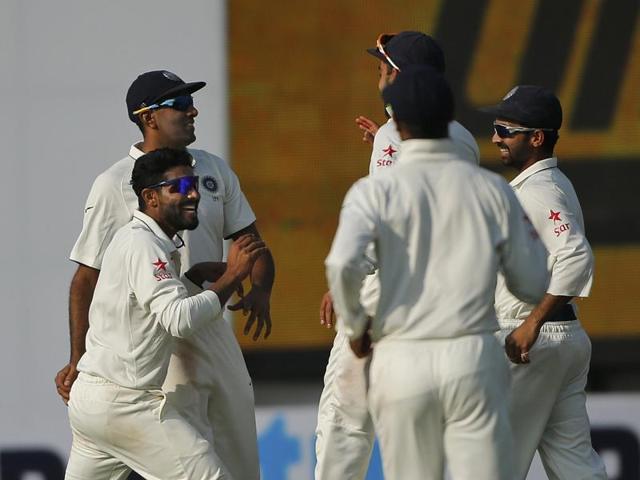 Indian team members celebrate the fall of South African captain Hashim Amla's wicket. (AP photo) Indian team members celebrate the fall of South African captain Hashim Amla's wicket. (AP photo)