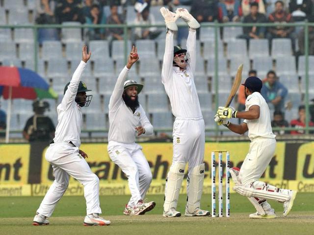 South Africa’s players unsuccessfully appeal for Ravindra Jadeja's wicket. (PTI Photo) South Africa’s players unsuccessfully appeal for Ravindra Jadeja's wicket. (PTI Photo)