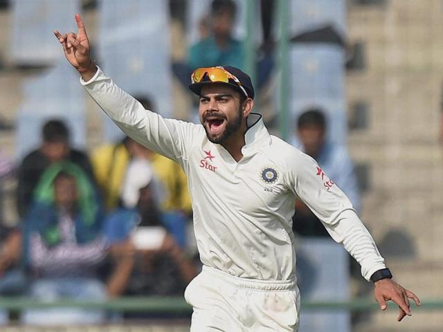 India's captain Virat Kholi celebrates the wicket of South Africa's Dean Elgar. (PTI photo) India's captain Virat Kholi celebrates the wicket of South Africa's Dean Elgar. (PTI photo)