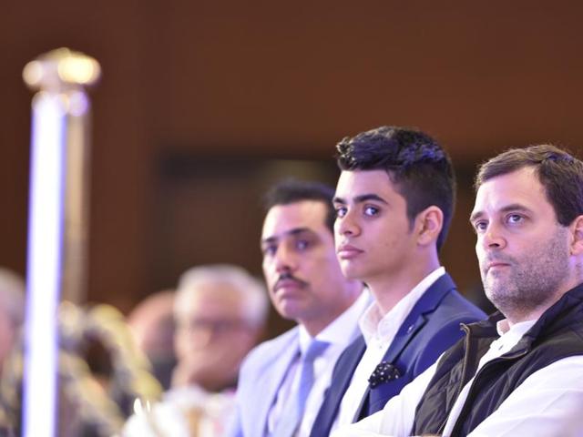 (From left to right) Robert Vadra, his son Raihan Vadra and Congress vice-president Rahul Gandhi attend the Hindustan Times Leadership Summit in New Delhi. (Dinesh Krishnan)