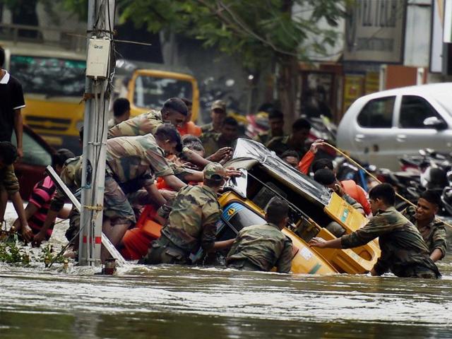 Army personnel during rescue operations in Chennai. (PTI Photo) Army personnel during rescue operations in Chennai. (PTI Photo)