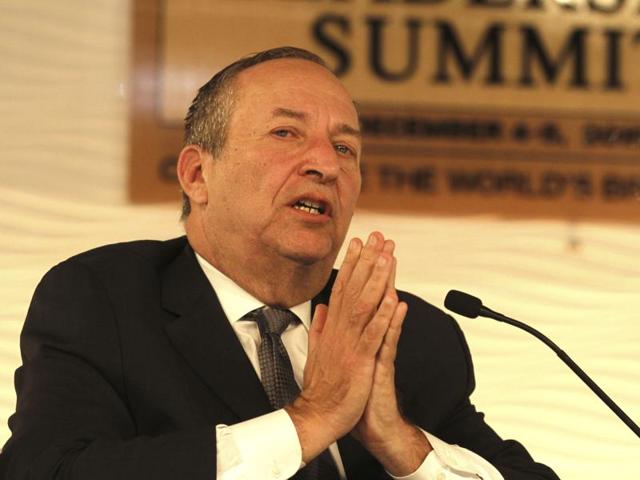 Dr Lawrence Summers during Hindustan Times Leadership Summit in New Delhi on Saturday. (Ajay Aggarwal/HT Photo)