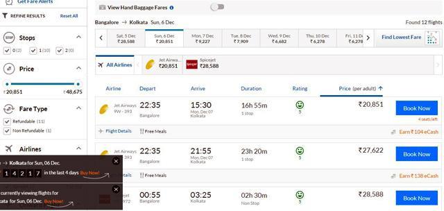 Screengrab of December 6 flights from Bengaluru to Kolkata. Screengrab of December 6 flights from Bengaluru to Kolkata.