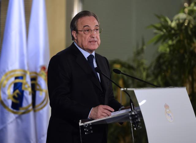 Real Madrid president Florentino Perez during a press conference at the Santiago Bernabeu stadium in Madrid on December 3, a day after Cadiz filed a complaint after the team fielded a suspended player during their Copa del Rey. (AFP Photo)