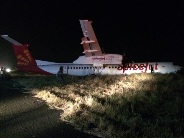 A SpiceJet aircraft hit a herd of wild boars and veered off the runway at the Dumna airport in Jabalpur on Friday night.(HT Photo)