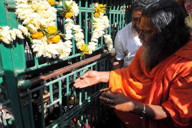 Pandits begin chanting mantras before zoo officials try to sedate Chotu. (Shankar Mourya/ HT Photo)