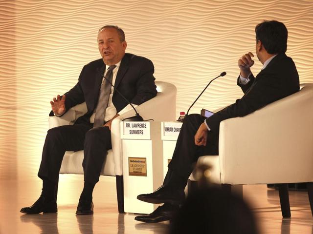 Dr Lawrence Summers and Vikram Chandra, CEO, NDTV, during Hindustan Times Leadership Summit in New Delhi on Saturday. (Ajay Aggarwal/HT Photo)