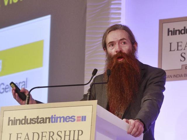 Dr. Aubrey De Grey , Chief Science Officer, Sens Research Foundation during a session on “How to Live Up to 100” at Hindustan Times Leadership Summit, on Saturday. (Sanjeev Verma/HT photo)