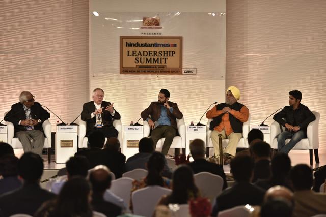 Justice Mukul Mudgal, Ian Chappell, Bishan Singh Bedi and Gautam Gambhir during a session at the Hindustan Times Leadership Summit in New Delhi. (Gurinder Osan/ HT Photo)