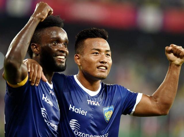 Steven Mendoza and Jeje Lalpekhula celebrating after score a goal against Delhi Dynamos FC during the Indian Super League (ISL) match at Jawaharlal Nehru Stadium in Chennai on November 24, 2015. (PTI Photo) Steven Mendoza and Jeje Lalpekhula celebrating after score a goal against Delhi Dynamos FC during the Indian Super League (ISL) match at Jawaharlal Nehru Stadium in Chennai on November 24, 2015. (PTI Photo)