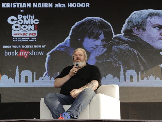 Kristian Nairn, best known for his role as Hodor in Game Of Thrones, speaks to fans at Delhi Comic Con. (AP) Kristian Nairn, best known for his role as Hodor in Game Of Thrones, speaks to fans at Delhi Comic Con. (AP)