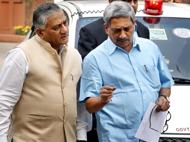 Defence Minister Manohar Parrikar and Minister of State for External Affairs V K Singh coming out from the BJP Parliamentary Party meeting in New Delhi. (HT Photo) Defence Minister Manohar Parrikar and Minister of State for External Affairs V K Singh coming out from the BJP Parliamentary Party meeting in New Delhi. (HT Photo)