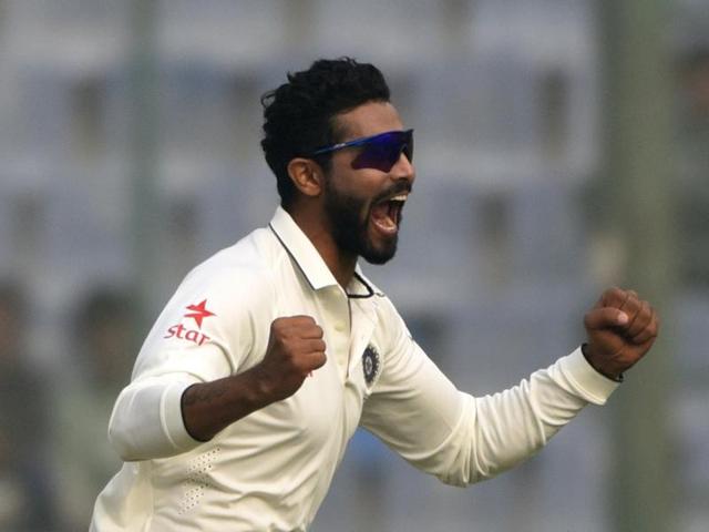 Ravindra Jadeja celebrates after Hashim Amla’s wicket in the final Test match of the series against South Africa, at Feroz Shah Kotla ground in New Delhi. (Vipin Kumar/HT Photo) Ravindra Jadeja celebrates after Hashim Amla’s wicket in the final Test match of the series against South Africa, at Feroz Shah Kotla ground in New Delhi. (Vipin Kumar/HT Photo)