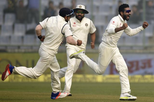 Ravindra Jadeja sets off on a celebratory run after taking the wicket of Hashim Amla. (Vipin Kumar/HT Photo) Ravindra Jadeja sets off on a celebratory run after taking the wicket of Hashim Amla. (Vipin Kumar/HT Photo)