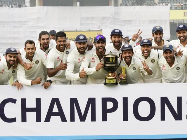The Indian team, led by Virat Kohli, bagged the series after defeating Proteas in the final Test match on Monday, at Feroz Shah Kotla ground in New Delhi. (Vipin Kumar/HT Photo) The Indian team, led by Virat Kohli, bagged the series after defeating Proteas in the final Test match on Monday, at Feroz Shah Kotla ground in New Delhi. (Vipin Kumar/HT Photo)