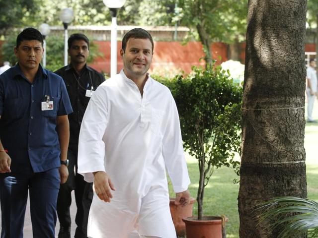 Congress Vice President Rahul Gandhi arrives for a CWC Meeting at AICC Headquarters, in New Delhi. The party has asked the Centre if it can continue to pay concessional rent for its offices in Delhi for another three years.(HT Photo)