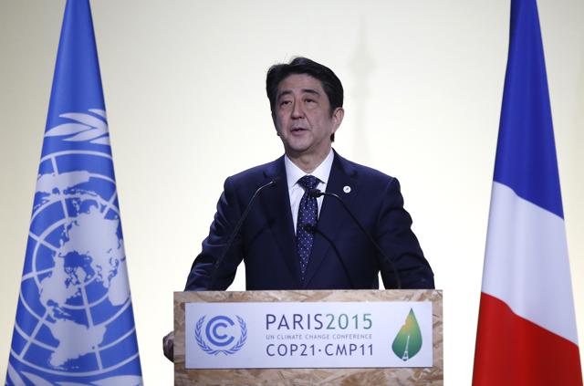 Japan's Prime Minister Shinzo Abe delivers his statement at the COP21. (AP) Japan's Prime Minister Shinzo Abe delivers his statement at the COP21. (AP)