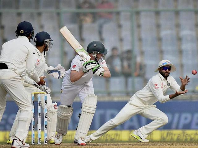 AB de Villiers plays a shot as India’s fielders wait in anticipation of a catch. (PTI Photo) AB de Villiers plays a shot as India’s fielders wait in anticipation of a catch. (PTI Photo)