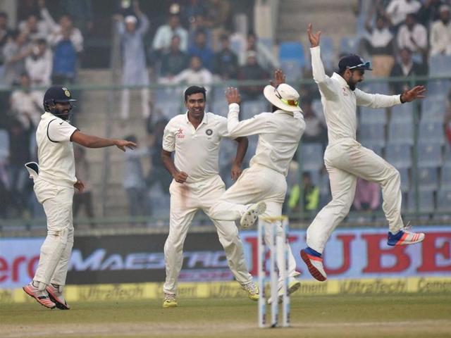 Virat Kohli and his teammate Ravindra Jadeja and others celebrate the dismissal of South Africa player during final day of the fourth Test match at Feroz Shah Kotla Stadium in New Delhi on Monday. (PTI) Virat Kohli and his teammate Ravindra Jadeja and others celebrate the dismissal of South Africa player during final day of the fourth Test match at Feroz Shah Kotla Stadium in New Delhi on Monday. (PTI)