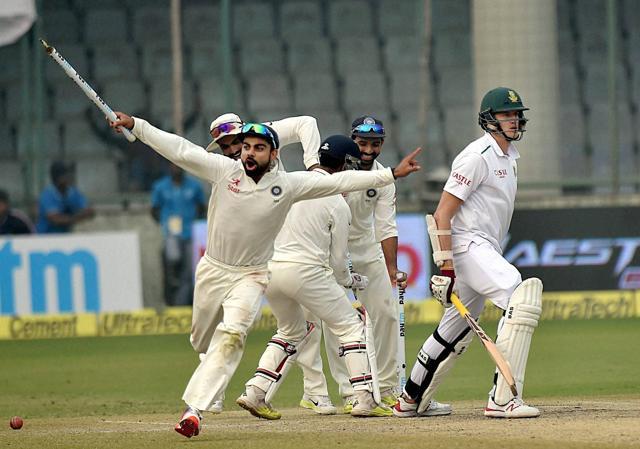 Virat Kohli with teammates celebrates winning of fourth Test match against South Africa on the final day, in New Delhi. (PTI) Virat Kohli with teammates celebrates winning of fourth Test match against South Africa on the final day, in New Delhi. (PTI)