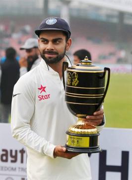 Virat Kohli poses with winning trophy after defeating South Africa at Ferozshah Kotla Stadium in New Delhi. (PTI) Virat Kohli poses with winning trophy after defeating South Africa at Ferozshah Kotla Stadium in New Delhi. (PTI)