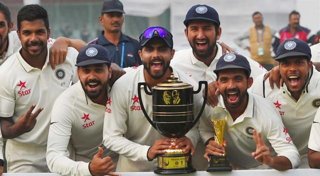 Indian Cricket team pose for a photo with the winning trophy following their cricket test against South Africa at Ferozshah Kotla Stadium in New Delhi. (PTI) Indian Cricket team pose for a photo with the winning trophy following their cricket test against South Africa at Ferozshah Kotla Stadium in New Delhi. (PTI)