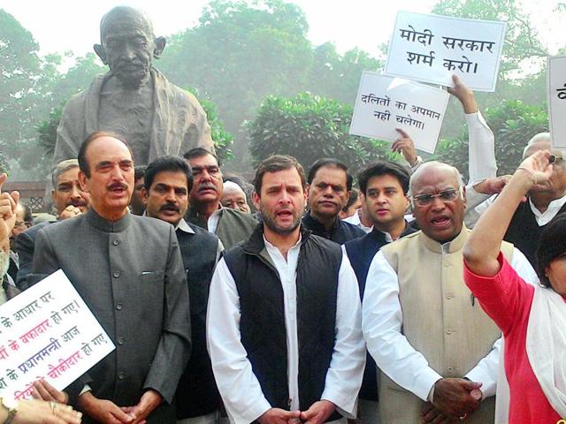 Congress vice president Rahul Gandhi led a protest of Congress MPs outside the Parliament on Monday, December 7, 2015, demanding ouster of Union minister VK Singh over the latter’s ‘dog remarks’. (Mohd Zakir/ HT Photo) Congress vice president Rahul Gandhi led a protest of Congress MPs outside the Parliament on Monday, December 7, 2015, demanding ouster of Union minister VK Singh over the latter’s ‘dog remarks’. (Mohd Zakir/ HT Photo)