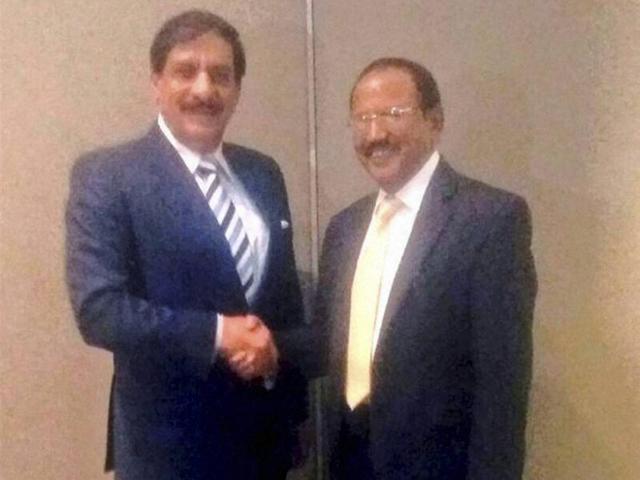 National Security Adviser Ajit Doval with his Pakistani counterpart Nasser Khan at a meeting in Bangkok, Thailand. (PTI Photo) National Security Adviser Ajit Doval with his Pakistani counterpart Nasser Khan at a meeting in Bangkok, Thailand. (PTI Photo)