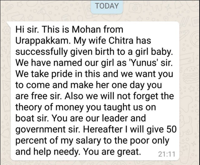 WhatsApp message sent to Yunus by Chitra and Mohan