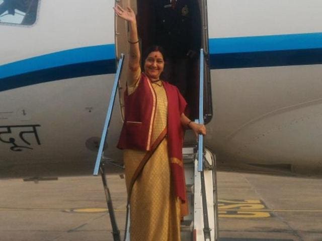 Foreign minister Sushma Swaraj before leaving for Islamabad on Tuesday. (Twitter: Vikas Swarup) Foreign minister Sushma Swaraj before leaving for Islamabad on Tuesday. (Twitter: Vikas Swarup)