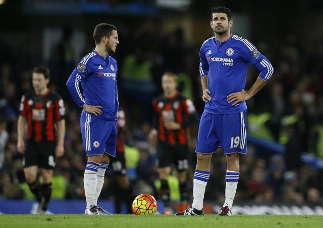 Chelsea's Diego Costa and Eden Hazard stand after Bournemouth scored a goal during the English Premier League match between Chelsea and AFC Bournemouth at Stamford Bridge stadium in London, Saturday on December 5, 2015. (AP Photo) Chelsea's Diego Costa and Eden Hazard stand after Bournemouth scored a goal during the English Premier League match between Chelsea and AFC Bournemouth at Stamford Bridge stadium in London, Saturday on December 5, 2015. (AP Photo)
