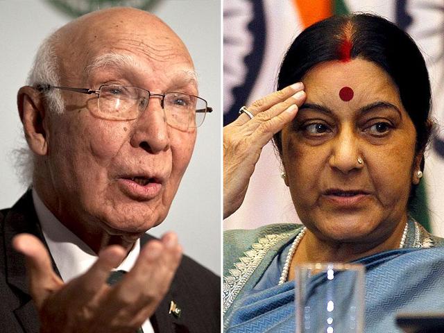 A combination photo external affairs minister Sushma Swaraj and Pakistan National Security Advisor Sartaj Aziz. (File Photos) A combination photo external affairs minister Sushma Swaraj and Pakistan National Security Advisor Sartaj Aziz. (File Photos)