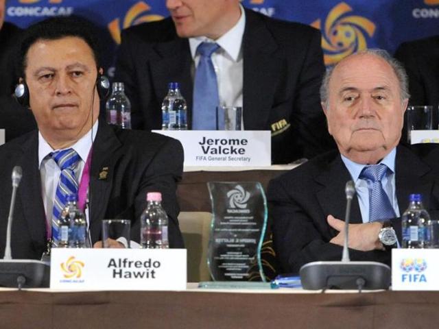 A file photo of Alfredo Hawit of Honduras, former Head of CONCACAF and FIFA President Joseph Blatter. (AP Photo) A file photo of Alfredo Hawit of Honduras, former Head of CONCACAF and FIFA President Joseph Blatter. (AP Photo)