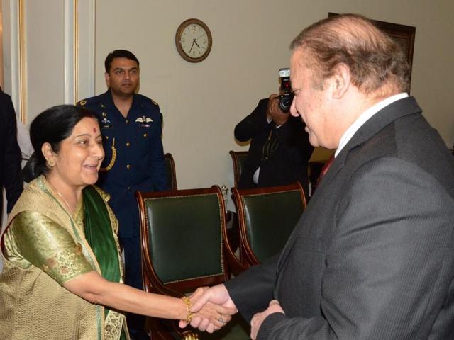 Foreign minister Sushma Swaraj called on Pakistan Prime Minister Nawaz Sharif on the sidelines of the Heart of Asia Conference in Islamabad. (HT Photo) Foreign minister Sushma Swaraj called on Pakistan Prime Minister Nawaz Sharif on the sidelines of the Heart of Asia Conference in Islamabad. (HT Photo)