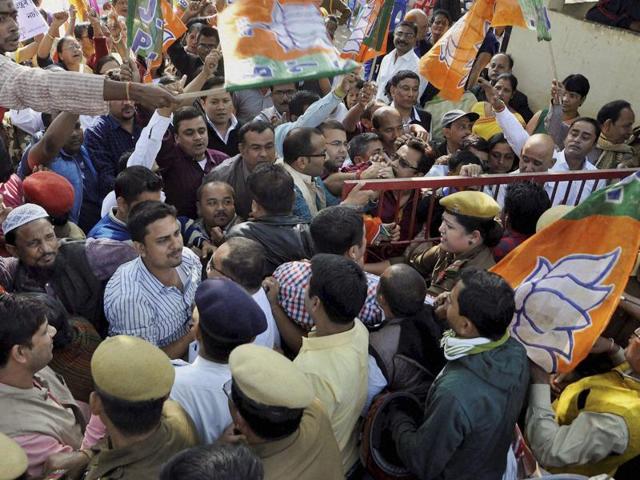 BJP members stage a protest in front of the Assam legislative Assembly in Guwahati. (PTI Photo) BJP members stage a protest in front of the Assam legislative Assembly in Guwahati. (PTI Photo)